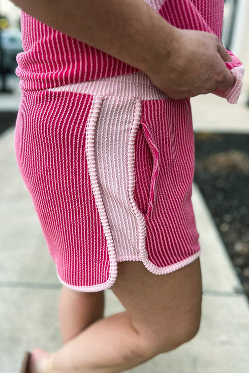 Preppy Ribbed Texture Color Block Crew Neck Tee Dolphin Shorts Set